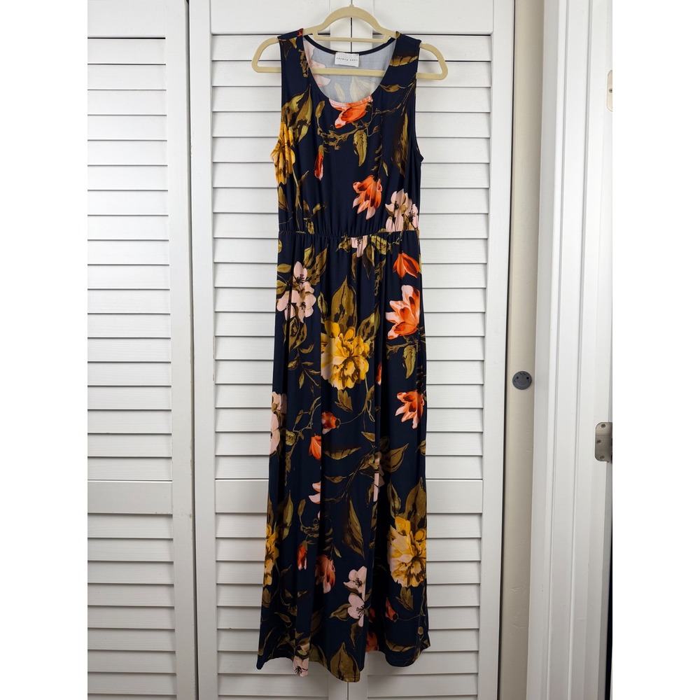 French Grey Maxi Dress XL Navy Blue Floral Sleeveless Elastic Waist